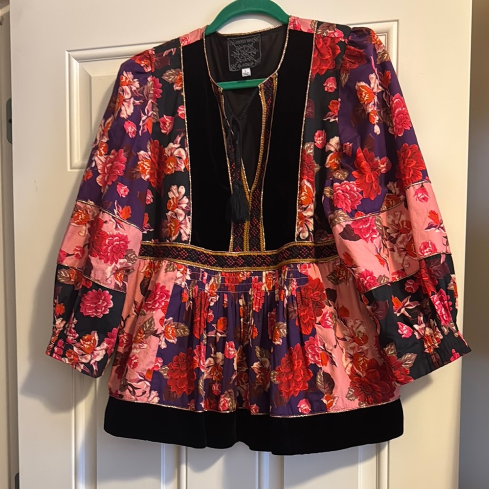 Boho Floral Blouse w/ Velvet Trim – Multicolor Peasant Top, Worn Once, M/L